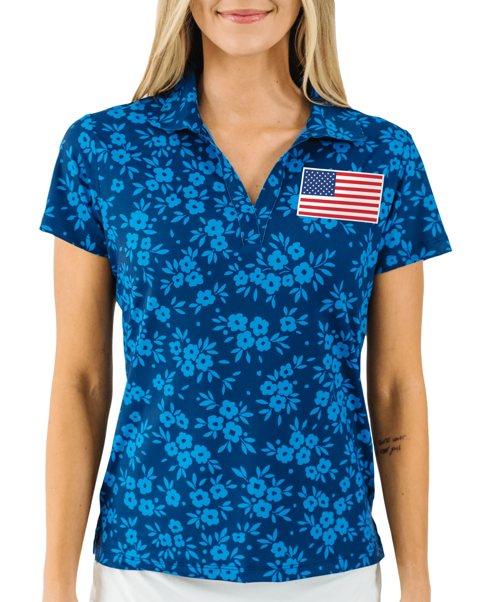 Navy Daisy Women's Golf Polo. USA EDITION.