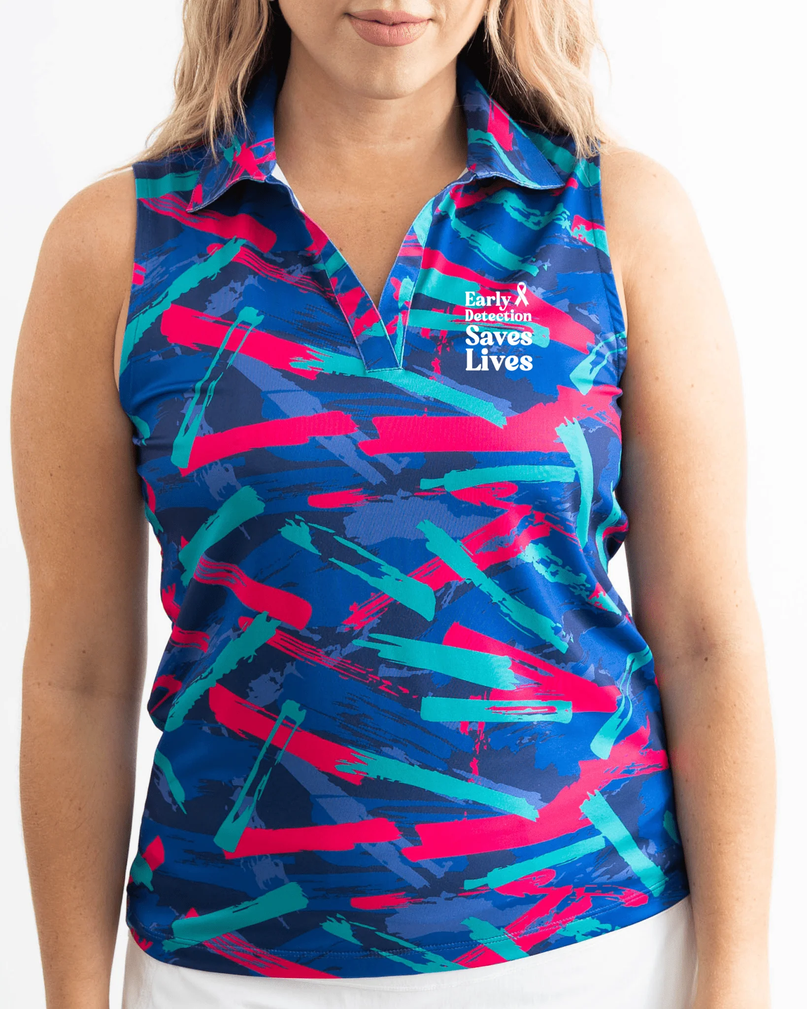 Women's 8-Track Sleeveless Polo Cancer Awareness Edition